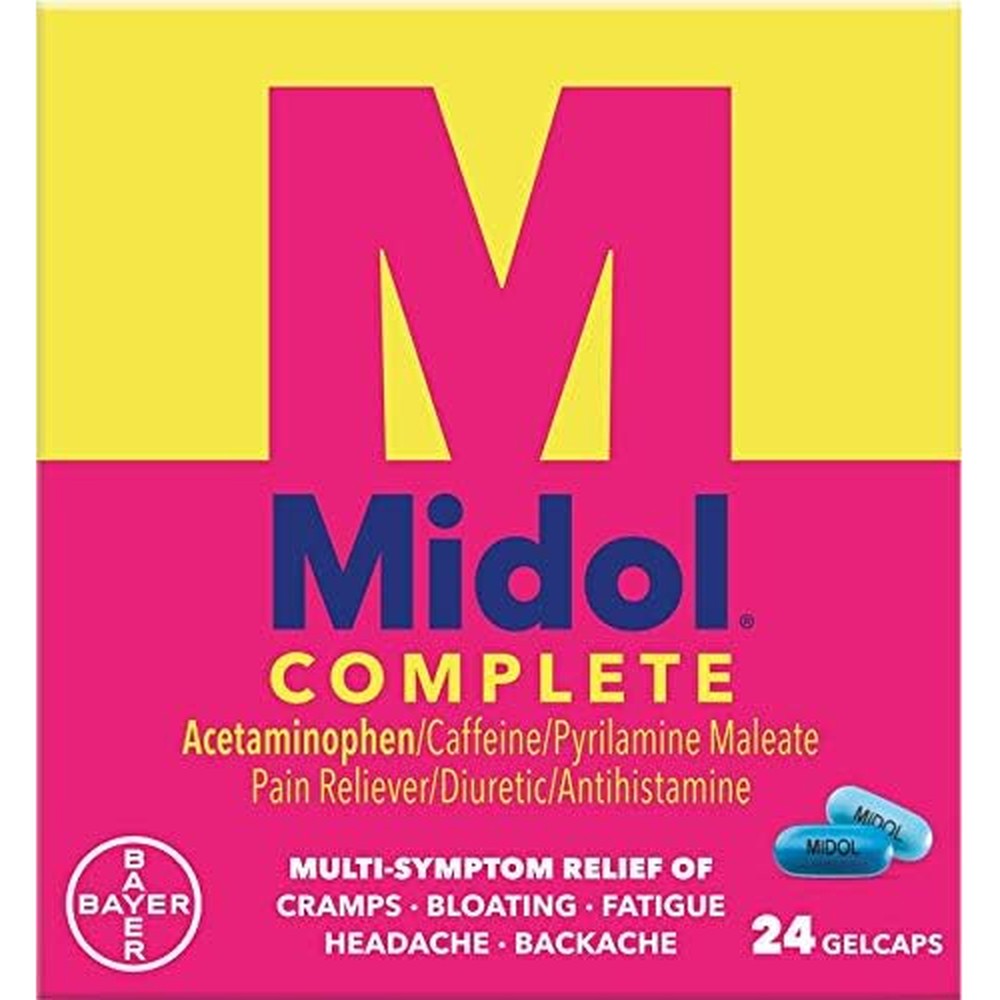 Midol Complete Menstrual Pain Relief Gelcaps box front view for period symptom relief.