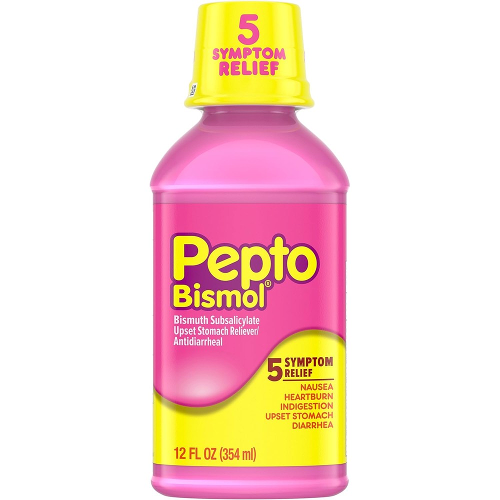 Pepto Bismol Original Liquid 12 Fluid Ounce bottle front view for multi symptom stomach relief