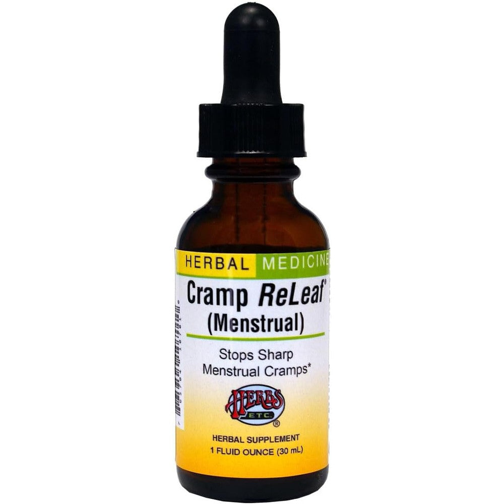 Herbs Etc. Cramp ReLeaf Menstrual Classic Liquid Extract one ounce bottle front view for period pain relief.