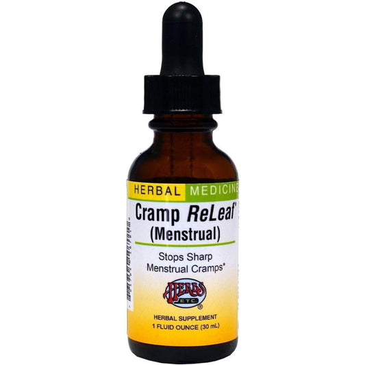 Herbs Etc. Cramp ReLeaf Menstrual Classic Liquid Extract one ounce bottle front view for period pain relief.
