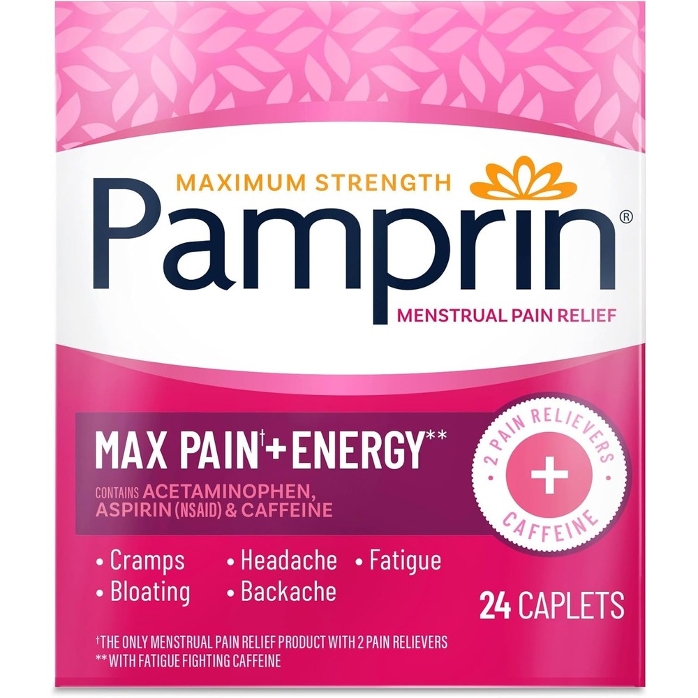 Pamprin Max Pain Plus Energy 24 caplets box front view for authentic period cramp relief.