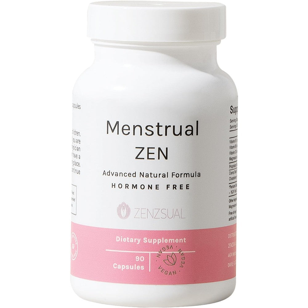 ZENZSUAL Menstrual Zen 90 capsules front bottle view for natural period pain relief.