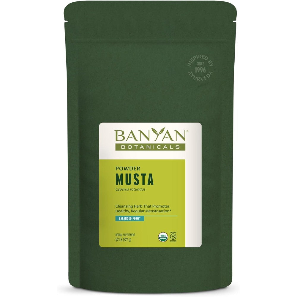 Banyan Botanicals Musta Powder front view of organic Ayurvedic supplement pouch