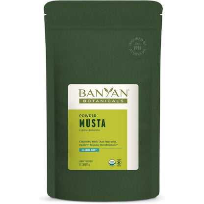 Banyan Botanicals Musta Powder front view of organic Ayurvedic supplement pouch