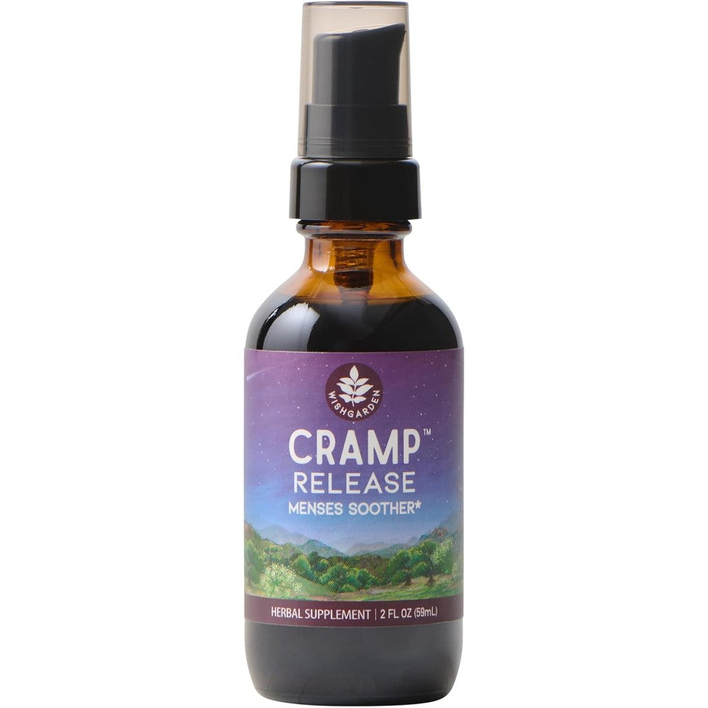 WishGarden Herbs Cramp Release 2 Ounce front view bottle showcasing natural herbal menstrual cramp relief supplement