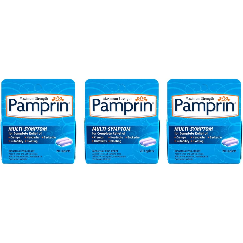 Pamprin Multi-Symptom Formula front packaging showing three boxes of twenty caplets for authentic menstrual pain relief.