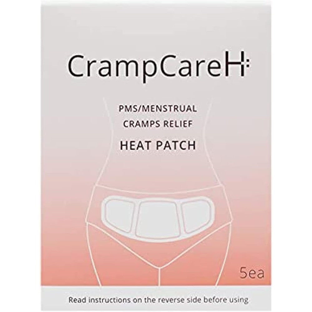CrampCareH menstrual cramps relief heat patch packaging front view showing 5 patches pack