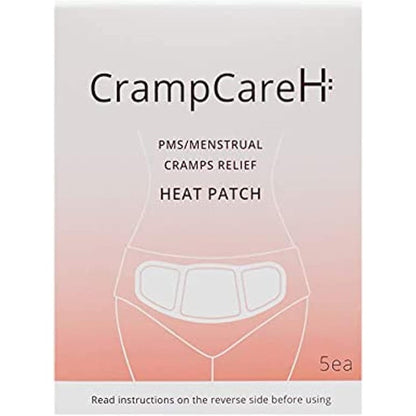 CrampCareH menstrual cramps relief heat patch packaging front view showing 5 patches pack