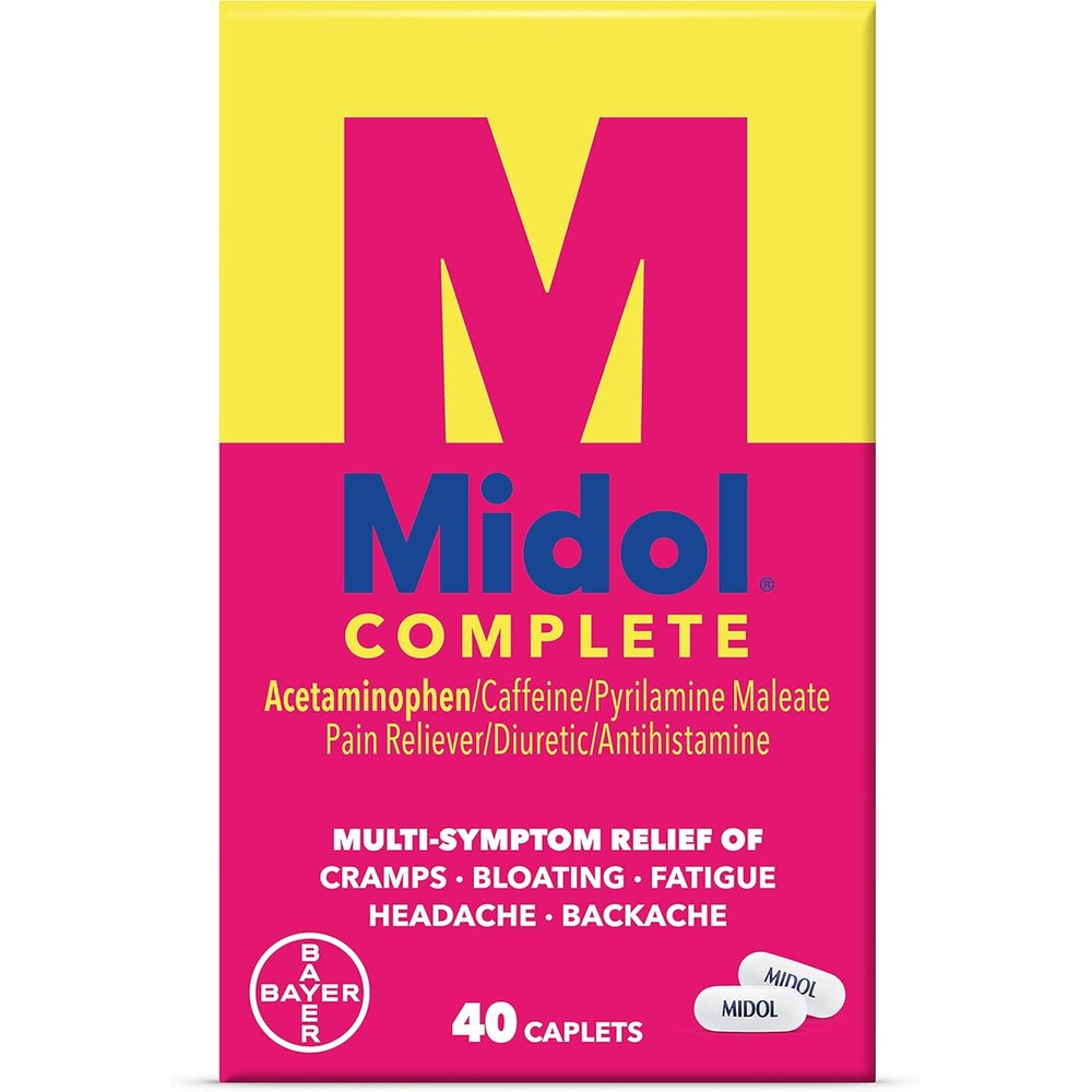 Midol Complete Menstrual Pain Relief Caplets 40 Count front box packaging for period cramp relief.