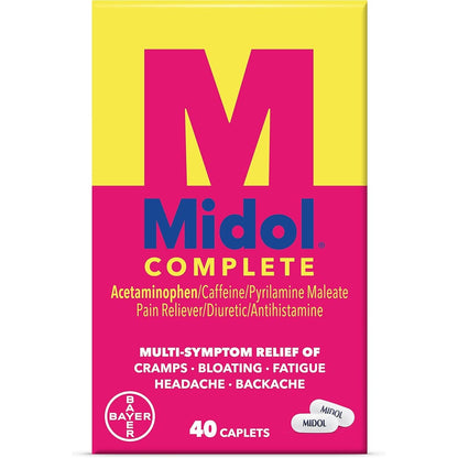 Midol Complete Menstrual Pain Relief Caplets 40 Count front box packaging for period cramp relief.