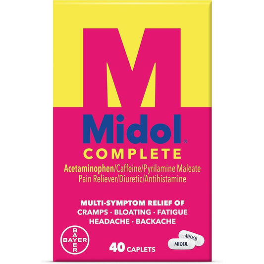 Midol Complete Menstrual Pain Relief Caplets 40 Count front box packaging for period cramp relief.
