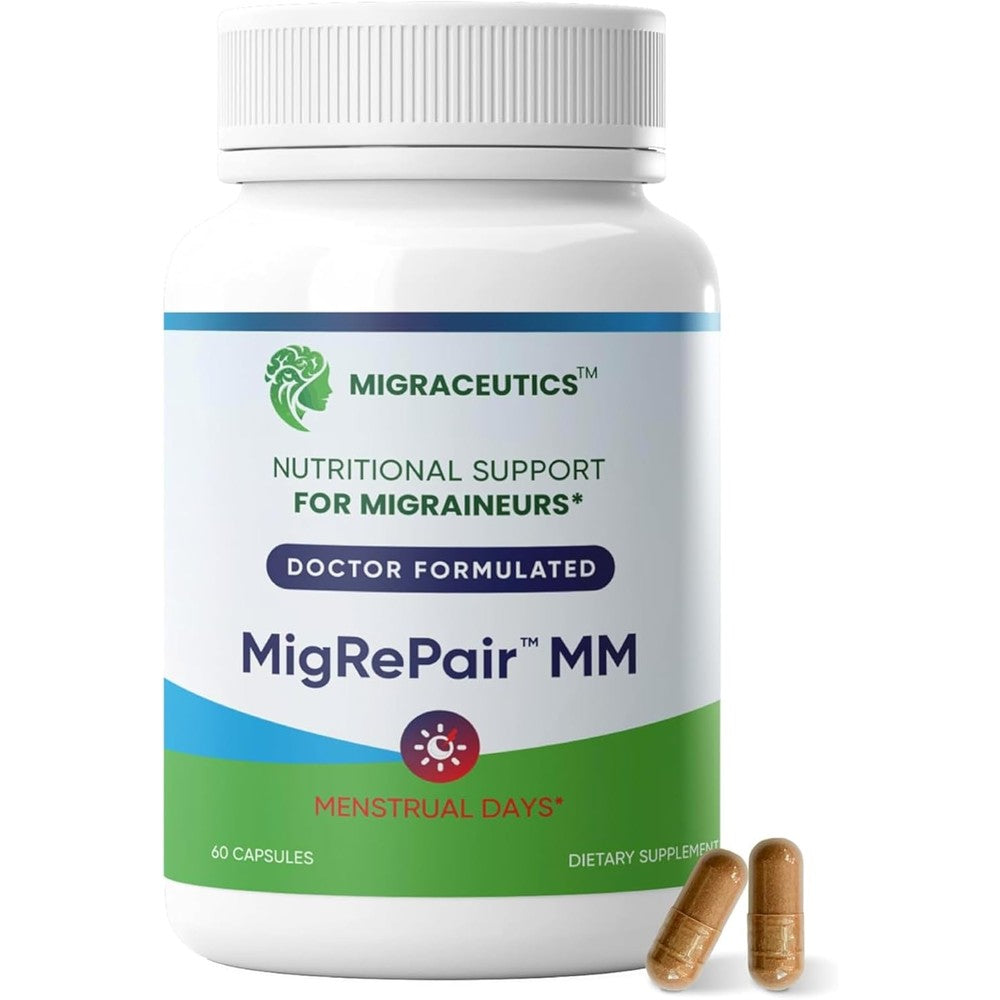 Migraceutics MigRePair MM front view of the sixty capsule bottle for hormonal migraine support