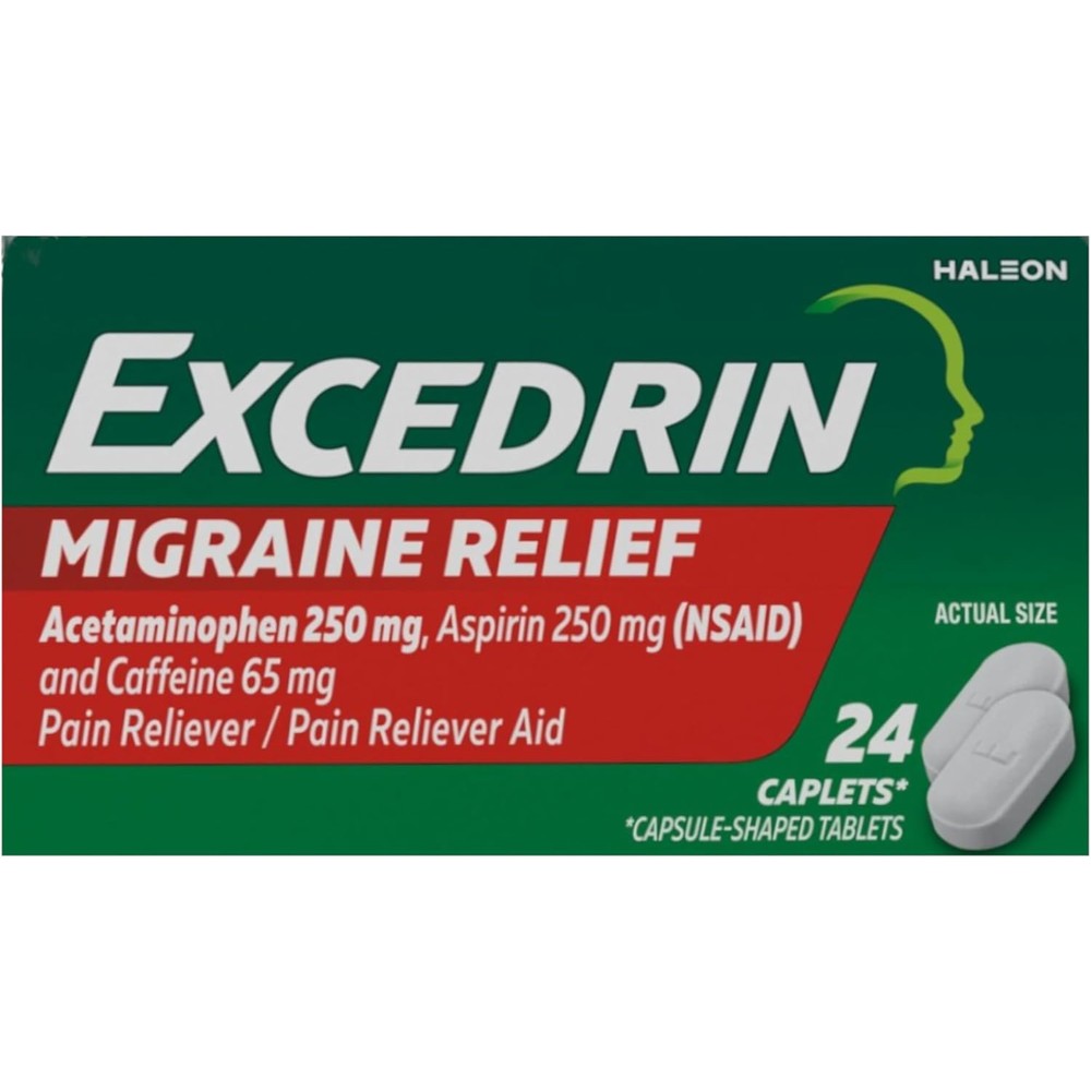 Excedrin Migraine Pain Reliever Caplets 24 count front packaging view