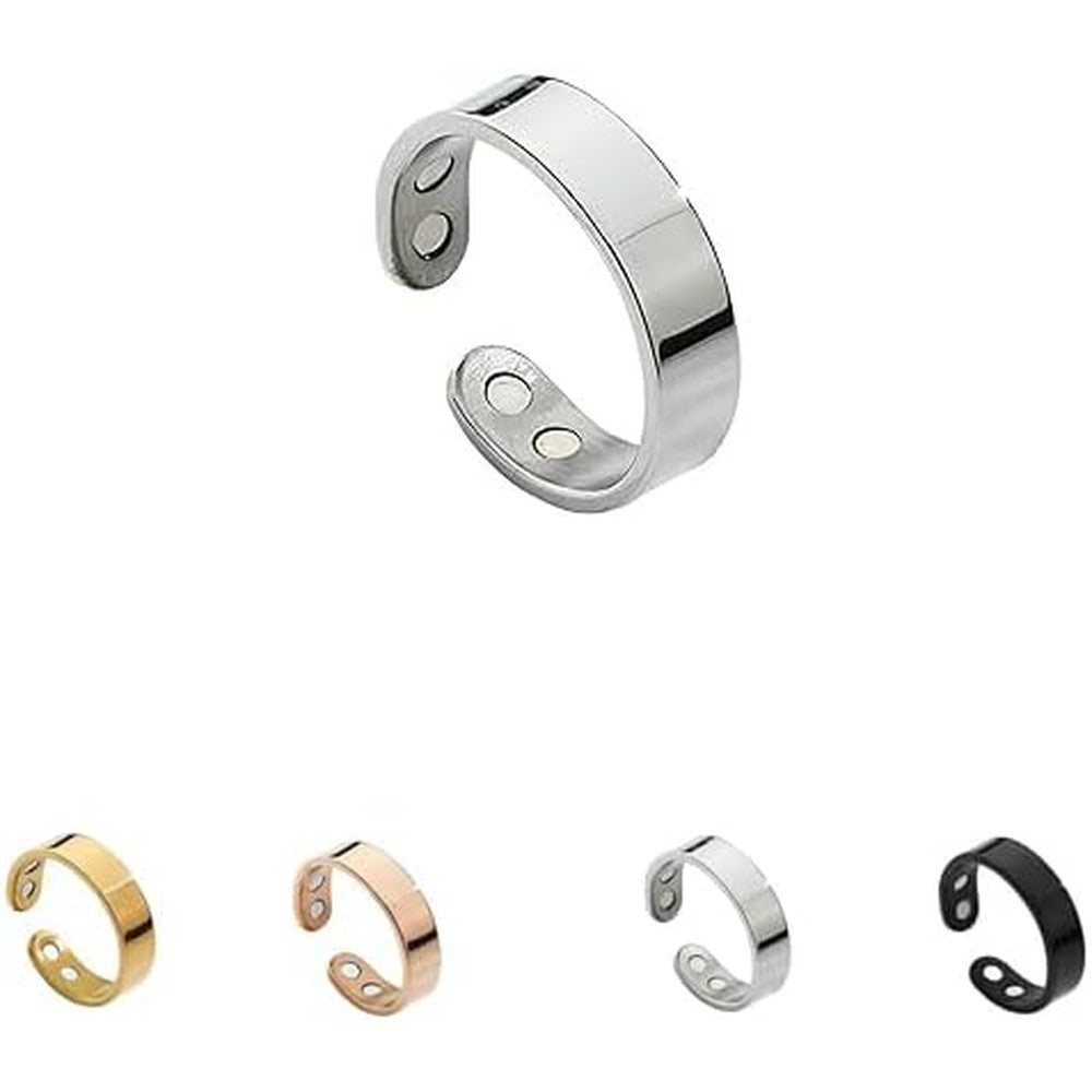 BQKBX migraine relief adjustable stainless steel ring front view showing silver magnetic therapy band