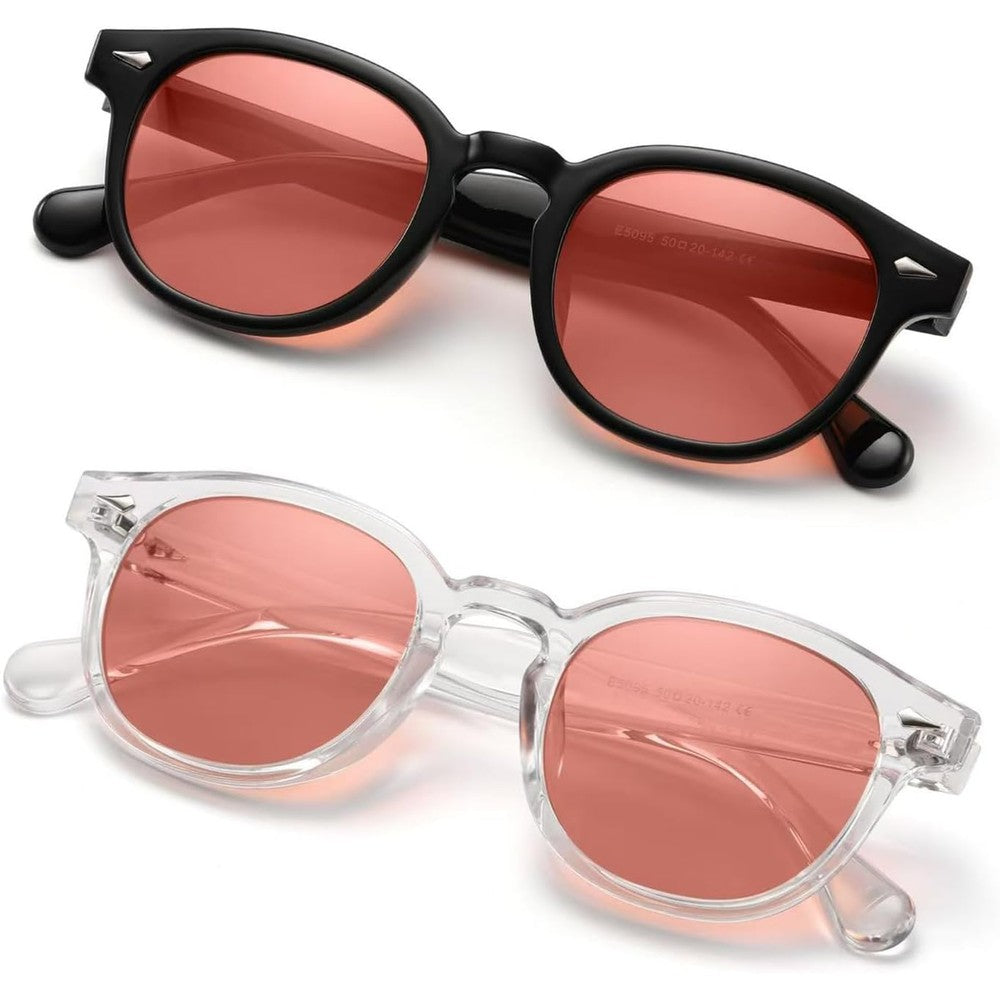 ZUVGEES pink tinted migraine glasses front view showing the retro round frames and FL-41 protective lenses.