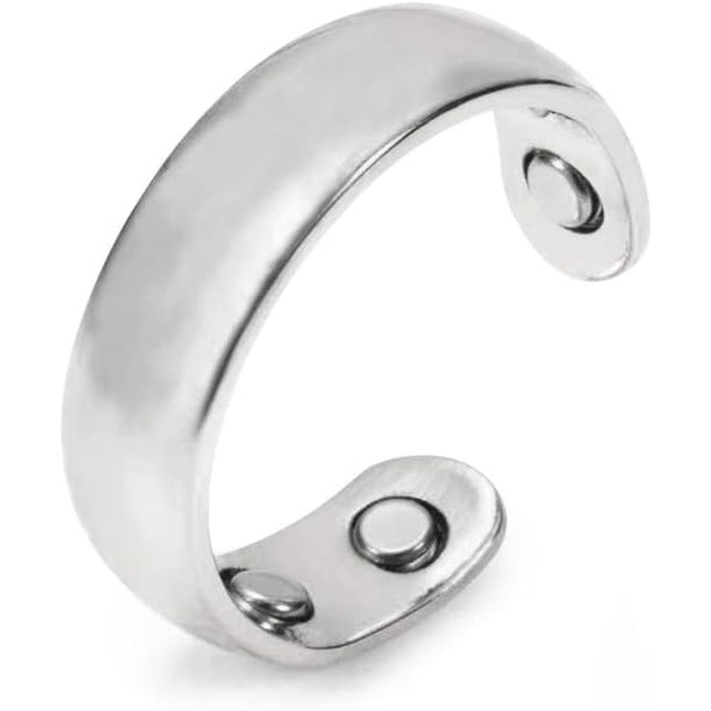 ZCVFA Auvulis magnetic migraine ring front view showing silver stainless steel open band design.
