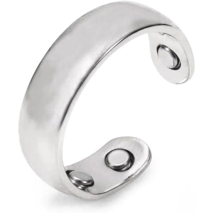 ZCVFA Auvulis magnetic migraine ring front view showing silver stainless steel open band design.
