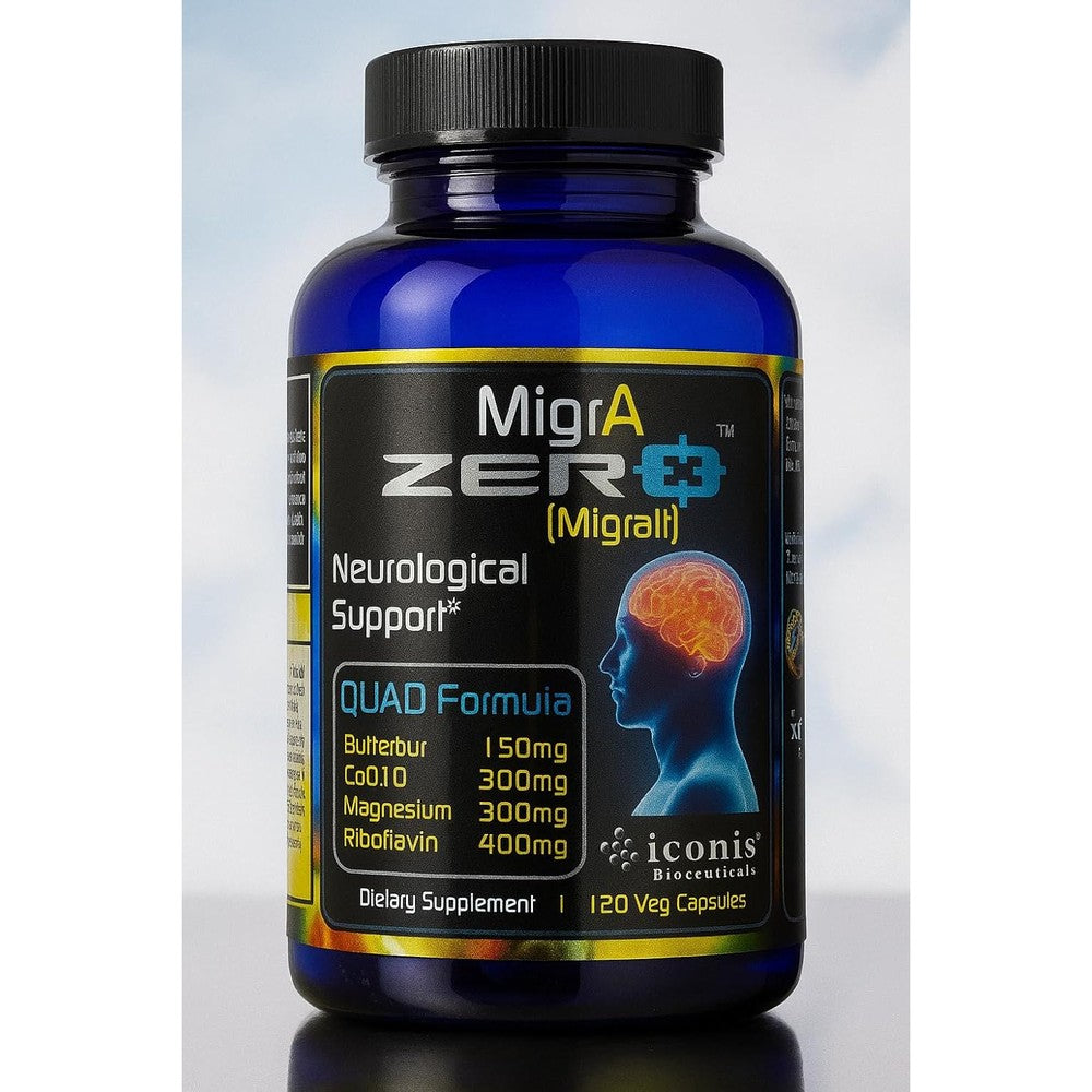 Iconis Bioceuticals MigrA Zero front view bottle for migraine relief
