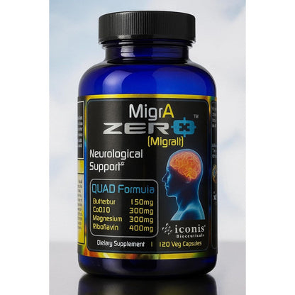 Iconis Bioceuticals MigrA Zero front view bottle for migraine relief
