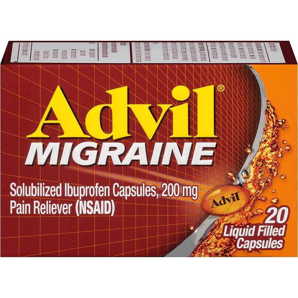Advil Migraine Liquid Filled Capsules front view of 5 pack set