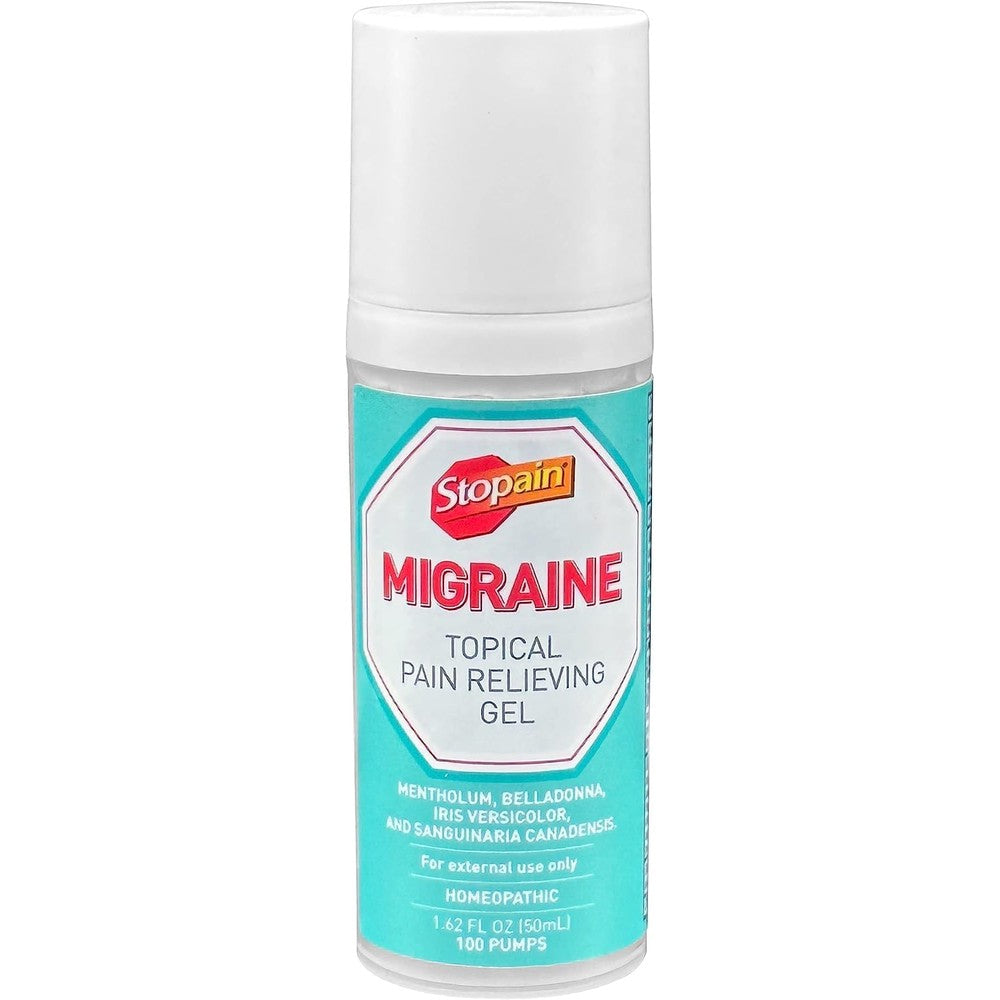 Stopain Migraine Topical Pain Relief Gel pump bottle front view