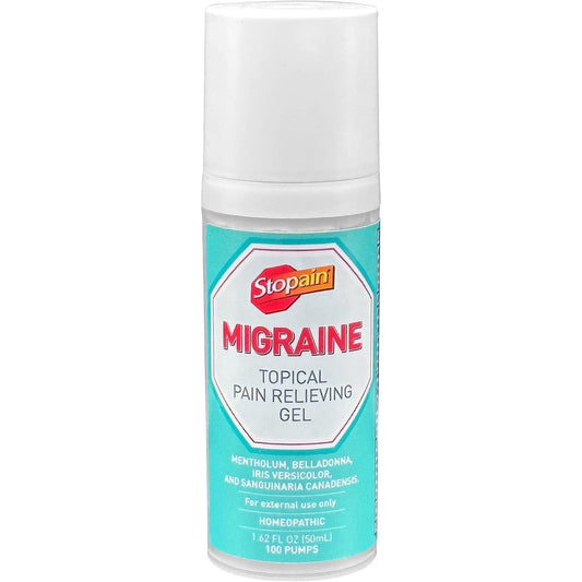 Stopain Migraine Topical Pain Relief Gel pump bottle front view
