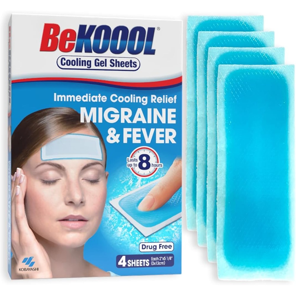 BeKoool Migraine Cooling Gel Sheets 4 Count Front Packaging Authentic USA Import
