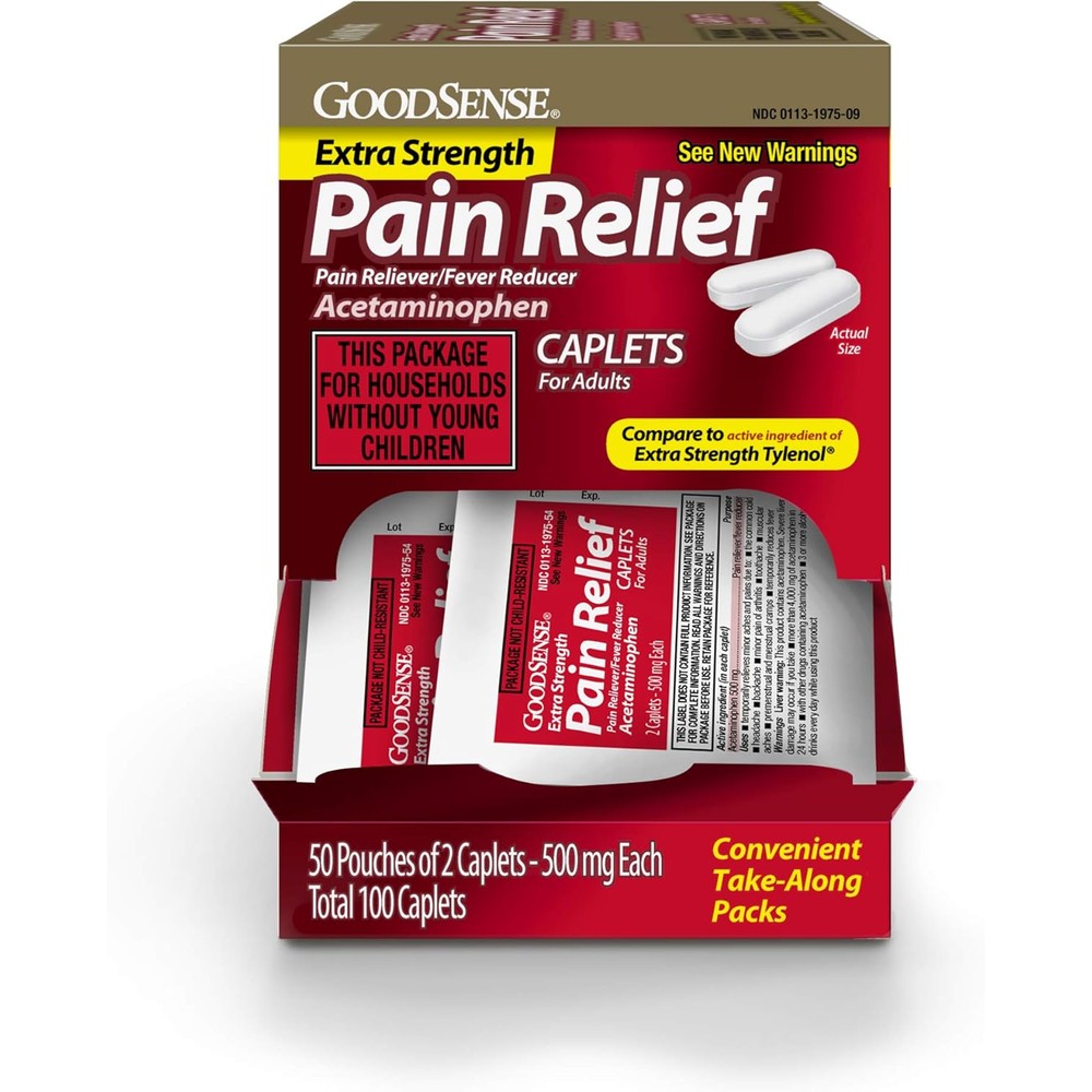 GoodSense Extra Strength Acetaminophen Caplets 500 mg, Pain Reliever and Fever Reducer, Easy Open Cap, 100 Count