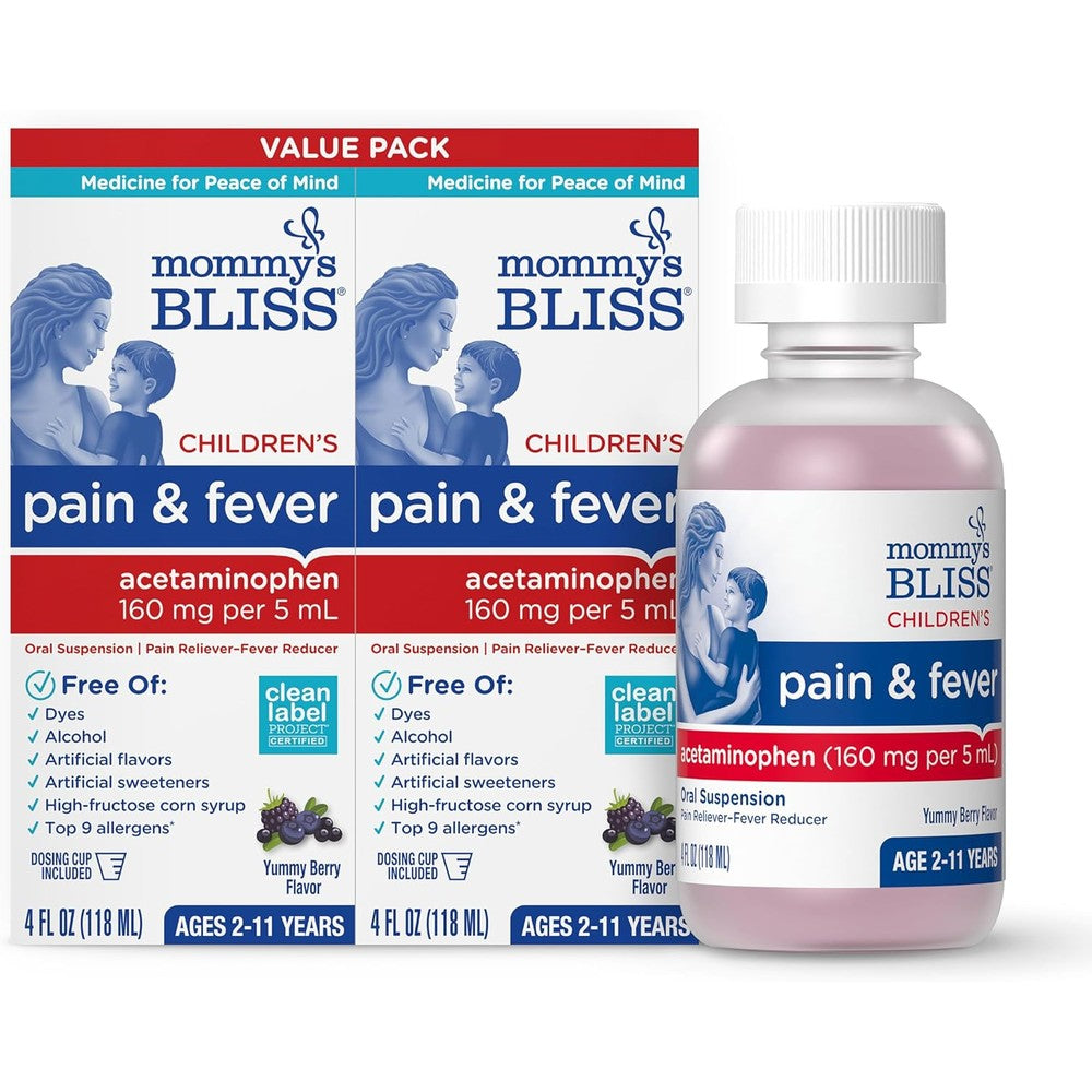Mommy's Bliss Children's Pain and Fever Reducer 2 pack bottles with mixed berry flavor