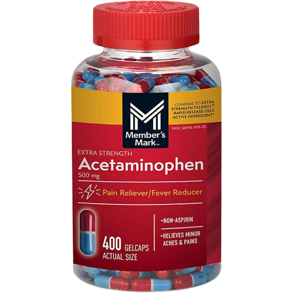 Generic Extra Strength Acetaminophen 500mg Rapid Release 400 Gelcaps bottle front view
