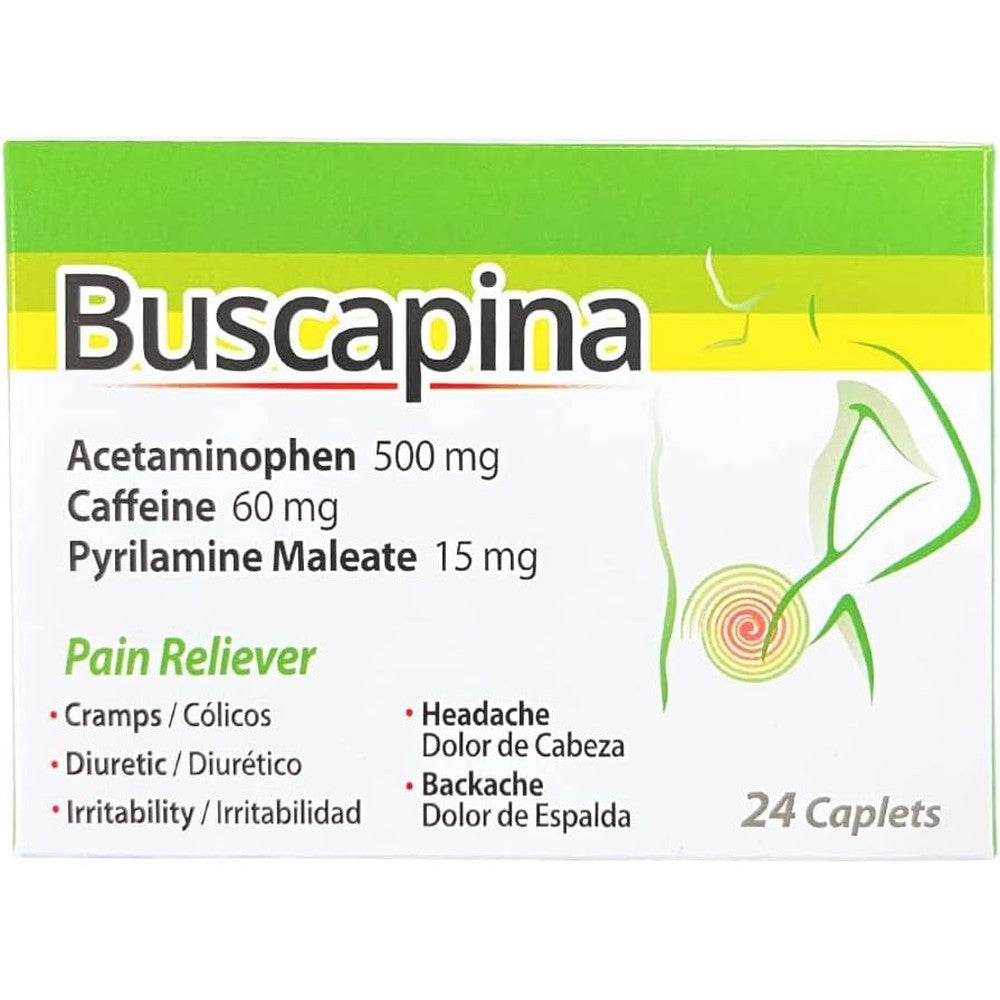Buscapina Pain Relief Caplets â€“ PMS, Cramps, Headaches, Bloating, Back & Joint Pain â€“ for Women and Men â€“ Box with 24 Caplets