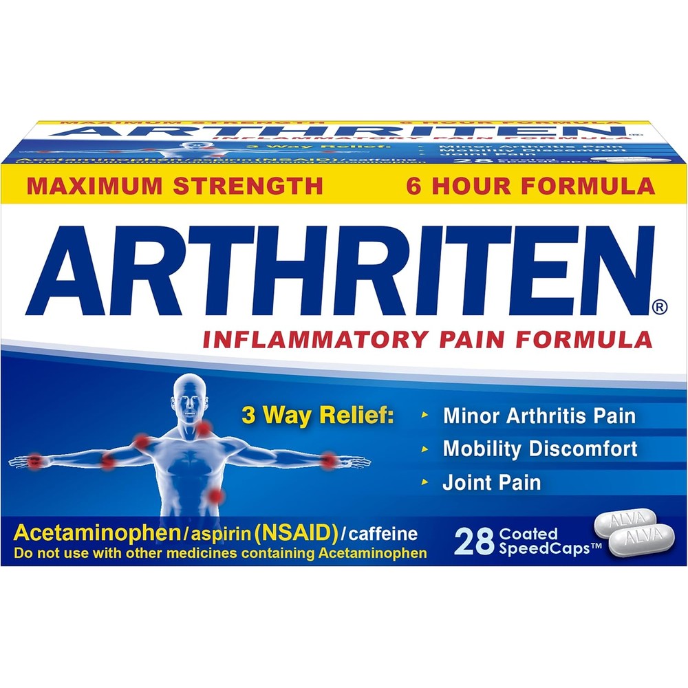 Inflammatory Pain Formula Caplets with 3 Active Ingredients: Aspirin, Acetaminophen & Caffeine, White, 28 Count (Pack of 1)