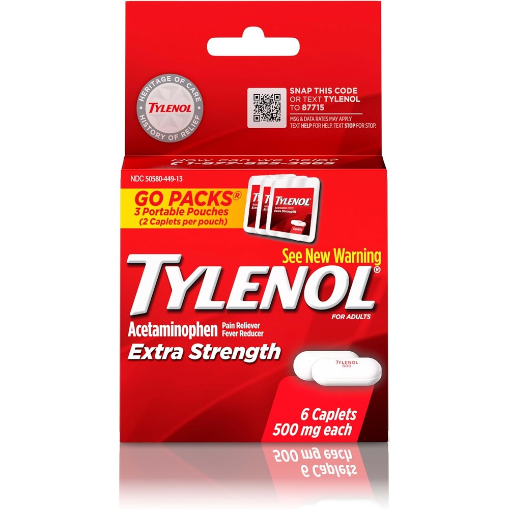 Tylenol Extra Strength 500 mg Acetaminophen Caplets, Pain Reliever & Fever Reducer, Acetaminophen for Minor Arthritis Pain, Headache, Backache & Menstrual Pain Relief, Travel Size, 6 Ct