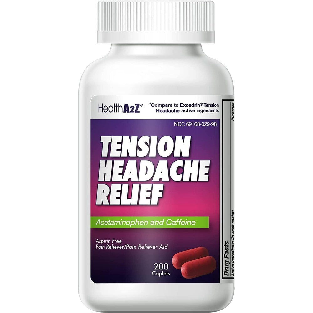 HealthA2ZÂ® Tension Headache Relief | Acetaminophen 500mg | Caffeine 65mg | Pain Reliever Aid | Aspirin Free (200 caplets (Pack of 1))