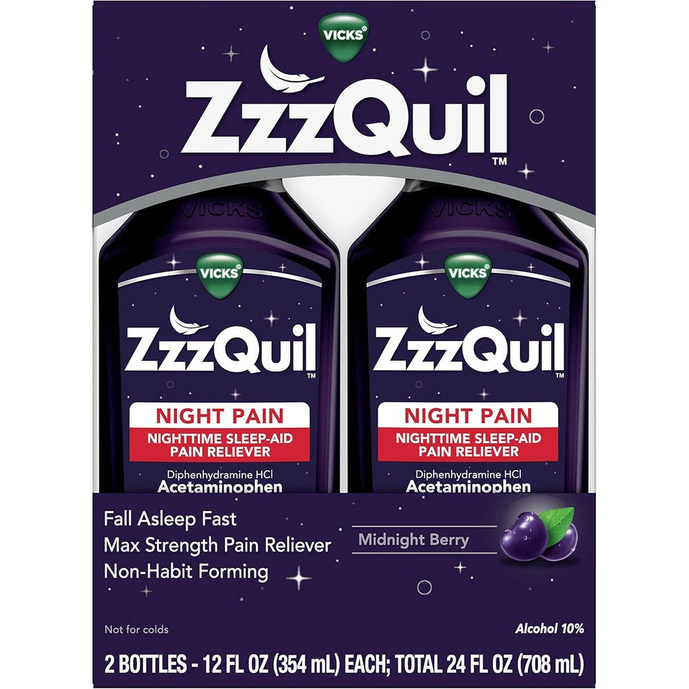 Vicks ZzzQuil Night Pain Liquid front view showing 2 pack packaging