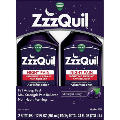 Vicks ZzzQuil Night Pain Liquid front view showing 2 pack packaging