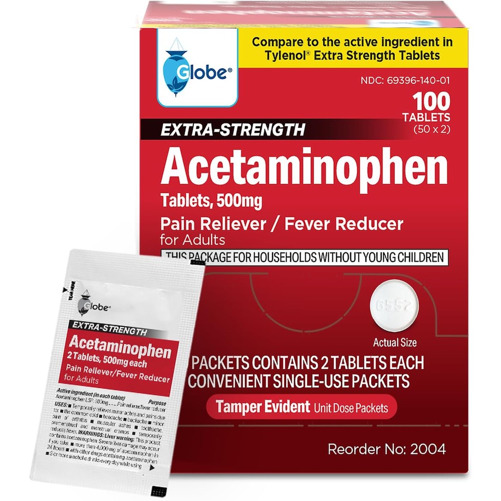 Globe Extra Strength Acetaminophen Tablets 500 mg, Pain Reliever and Fever Reducer, Gentle on Stomach, for Arthritis Pain, Backache Pain and More, 50 Packets of 2 Tablets Each, 100 Count
