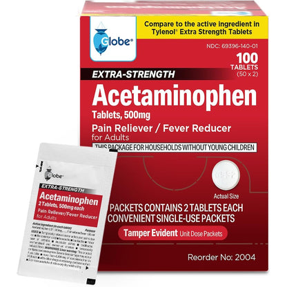 Globe Extra Strength Acetaminophen Tablets 500 mg, Pain Reliever and Fever Reducer, Gentle on Stomach, for Arthritis Pain, Backache Pain and More, 50 Packets of 2 Tablets Each, 100 Count