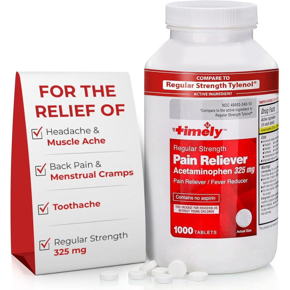 TIME-Cap Labs 1000 Tablets Regular Strength Acetaminophen 325mg - Pain Reliever & Fever Reducer for Adults, Helps with Headaches, Backaches, Muscle Pain, Toothaches, Arthritis & Menstrual Cramps