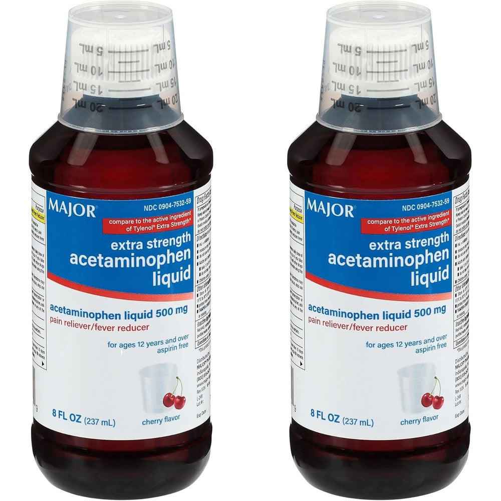 MAJOR Adult Extra Strength Liquid Acetaminophen 500mg - Helps Relieve Pain and Reduce Fevers - Aspirin Free - Cherry Flavor - 8 Fl Oz (2 Pack)