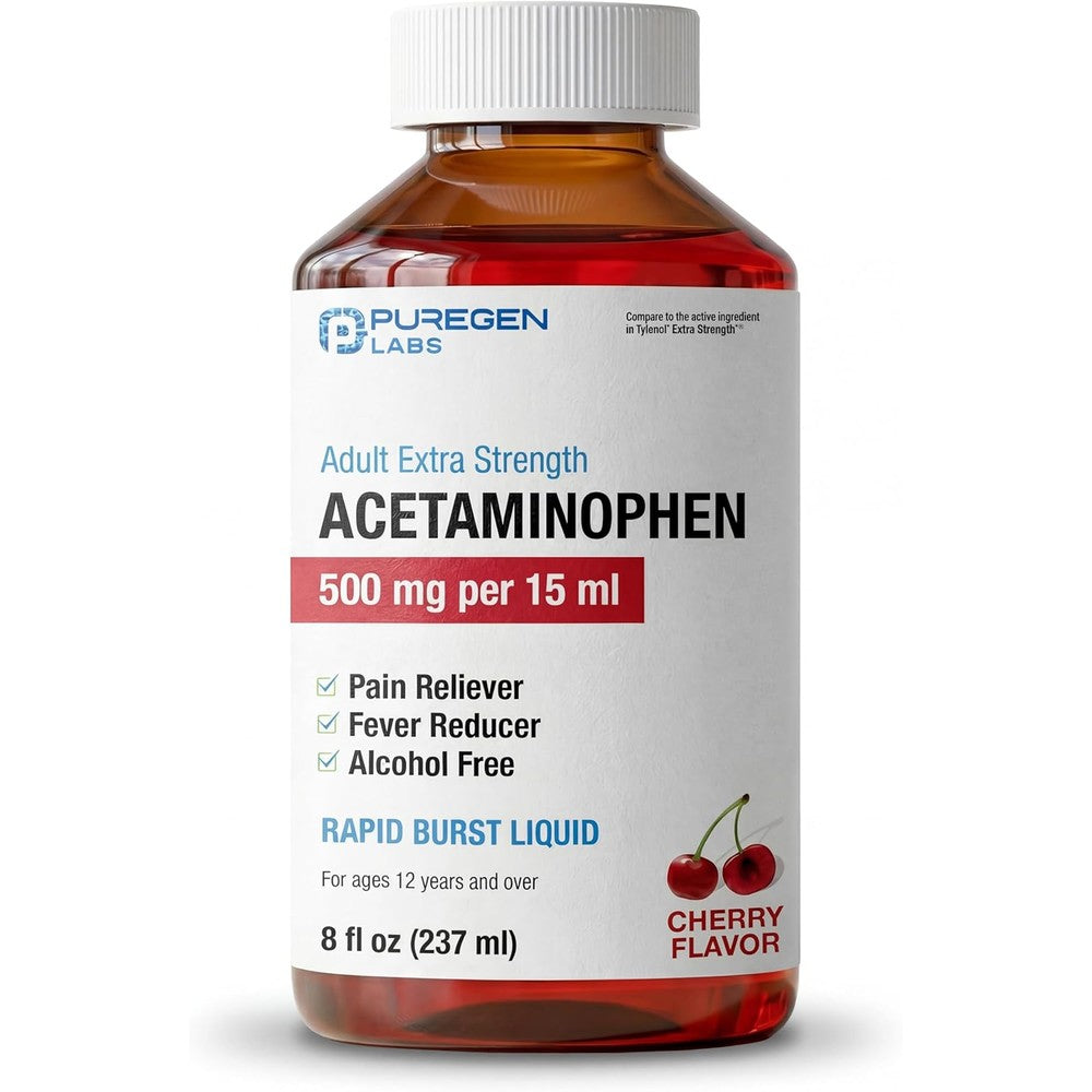 Puregen Labs Adult Extra Strength Acetaminophen Liquid 500mg/15ml - 8 fl oz Rapid Burst Pain Reliever/Fever Reducer, Cherry Flavor | Muscle & Joint Pain Relief | Arthritis Pain Relief