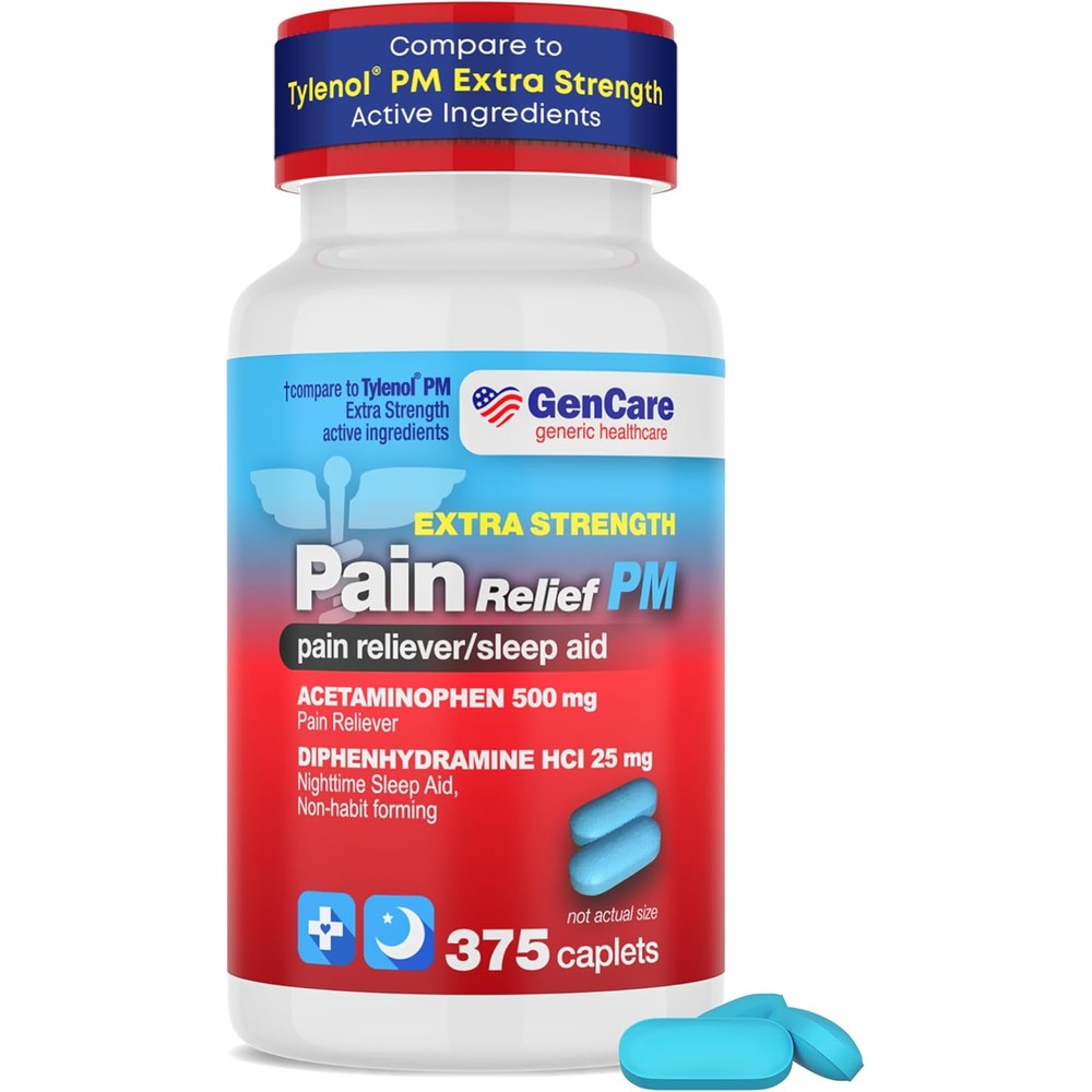 GenCare Extra Strength Acetaminophen PM 500 mg (375 Tablets) | Ultimate Pain Relief & Sleep Support for Adults | Quick Acting & Non Habit Forming Headache Relief | Eases Aches & Joint Discomfort
