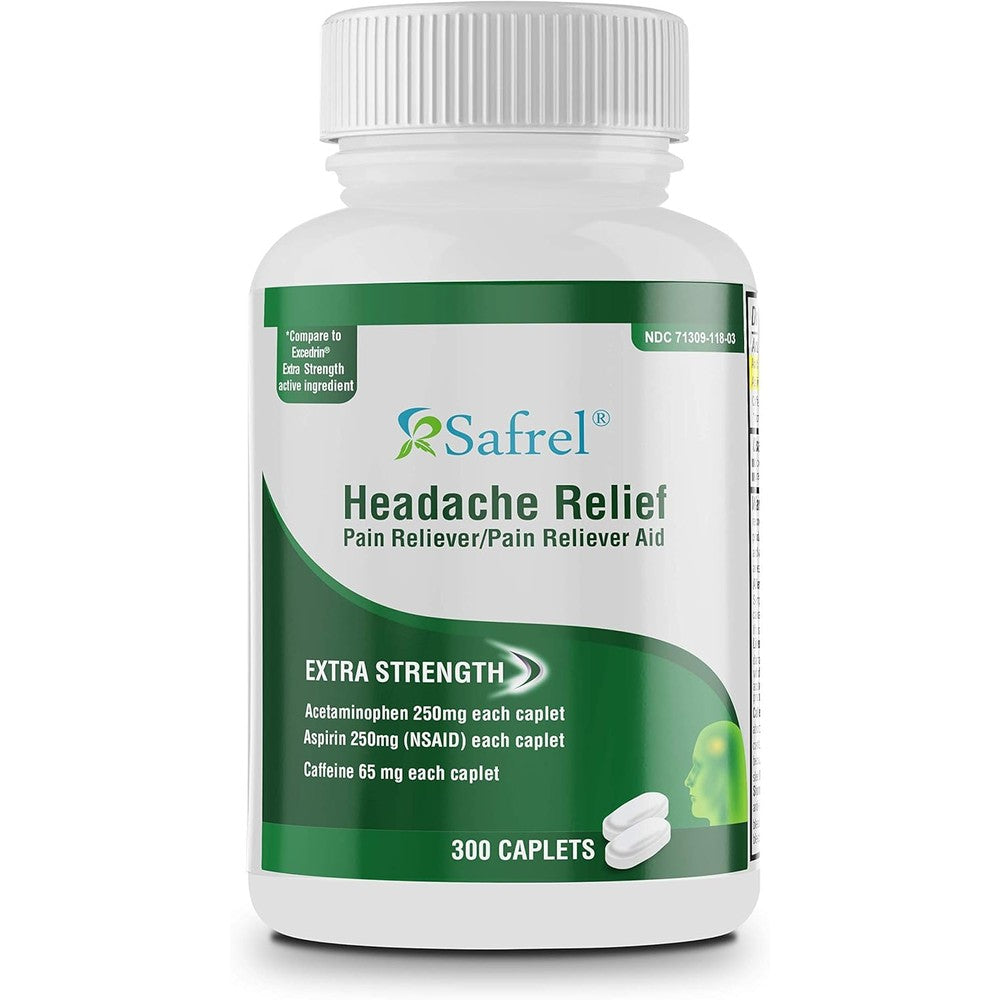 Safrel - Extra Strength Headache Relief Acetaminophen with Aspirin (NSAID) & Caffeine (300 Caplets) Value Pack | Head Pain Relief, Muscle Aches, Back Pain & Body | Generic Excedrin Extra Strength