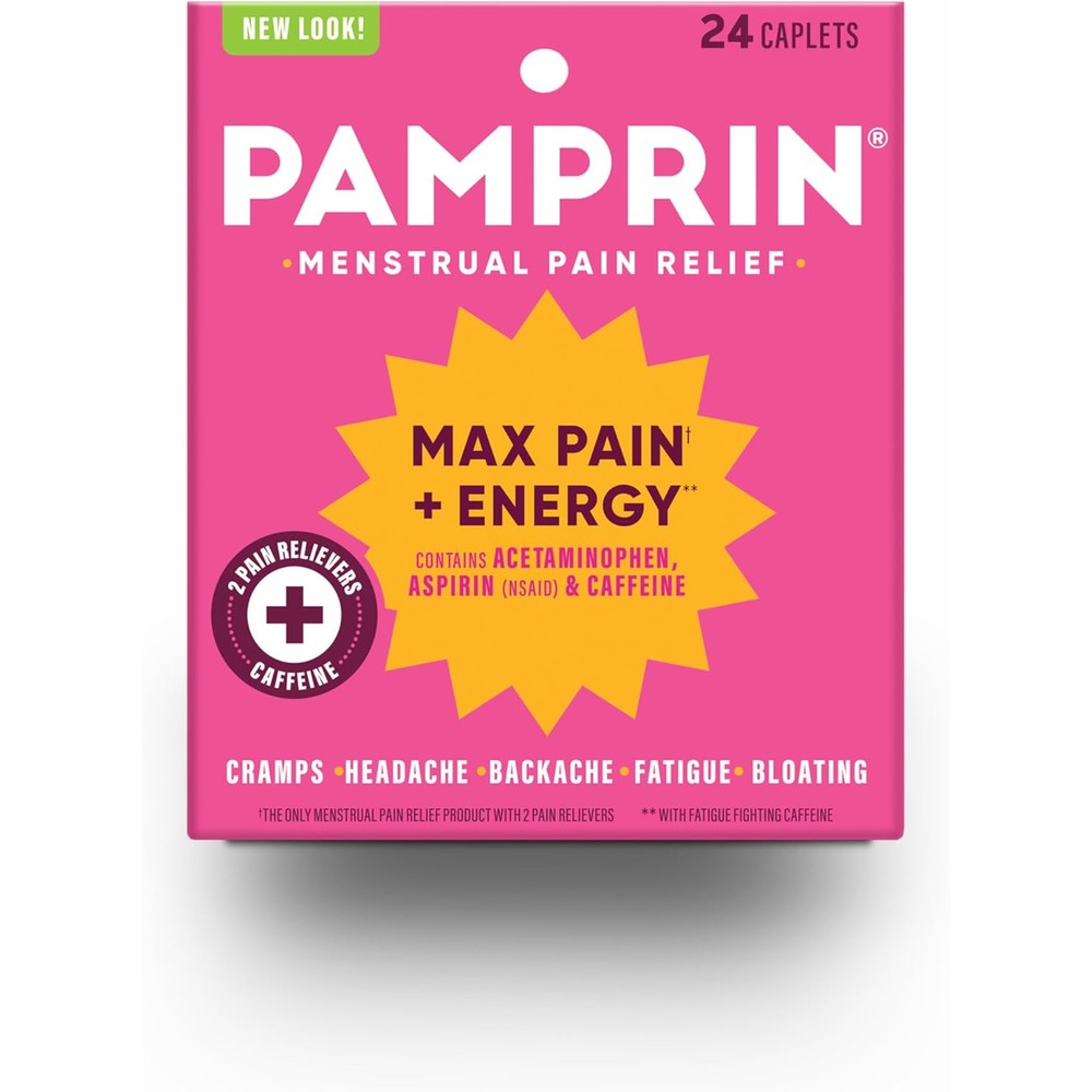 Pamprin Maximum Strength Max Pain and Energy Formula, Menstrual Period Symptoms Relief for Cramps, Bloating and Fatigue, 24 Caplets