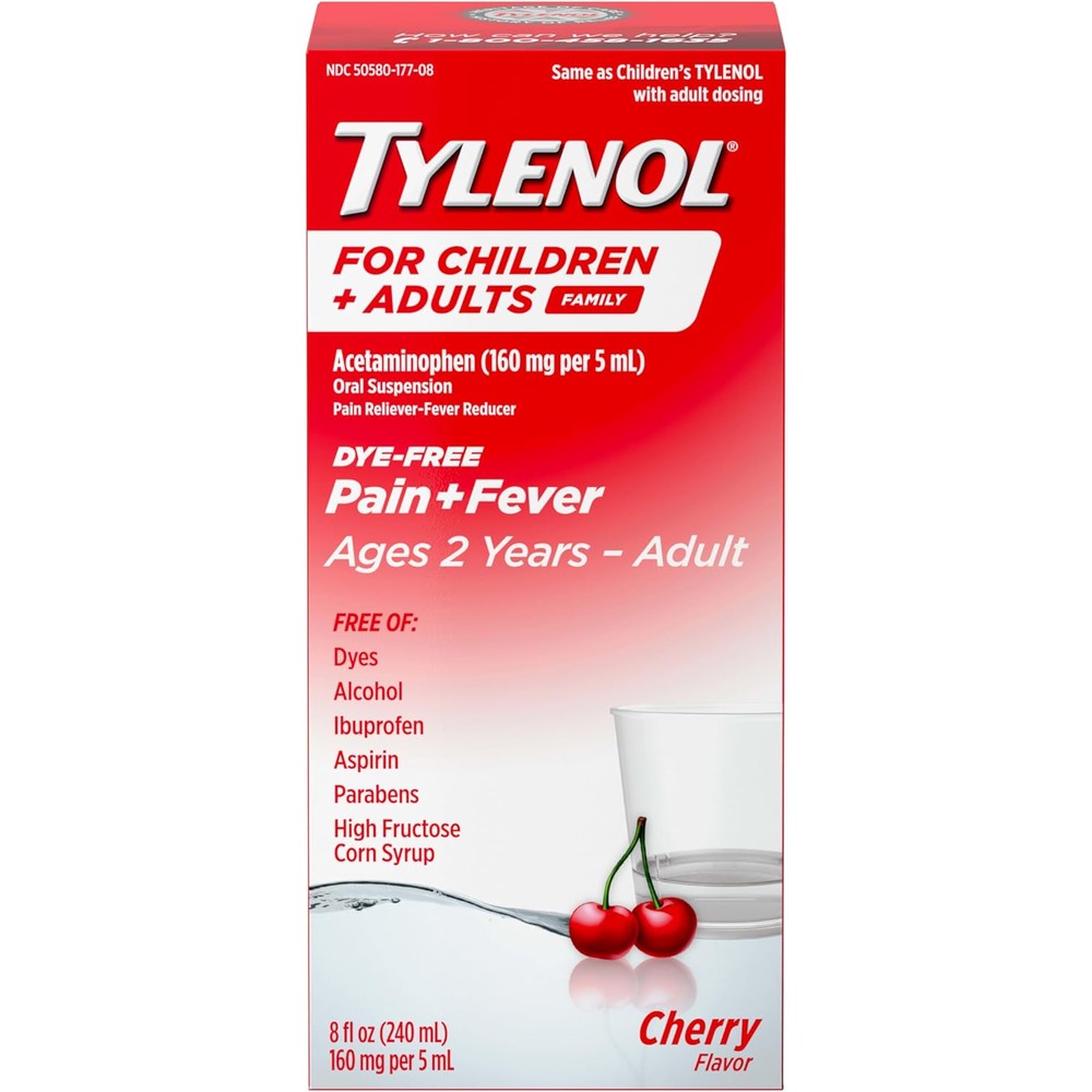 Tylenol for Children & Adults Liquid Pain Relief and Fever Medication, Dye-Free Oral Suspension with Acetaminophen, Fever Reducer, Liquid Medicine for The Family, Cherry, 8 fl. oz