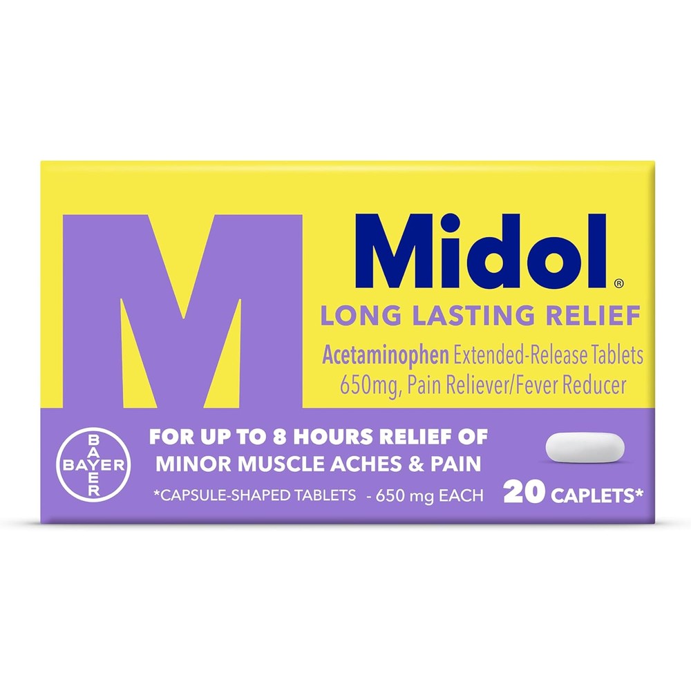 Midol Long Lasting Relief 20ct: Midol Long Lasting Relief, Menstrual Symptom Reliever & Fever Reducer, Caplets with Acetaminophen for Menstrual Pain Relief - 20 Count (Packaging May Vary)