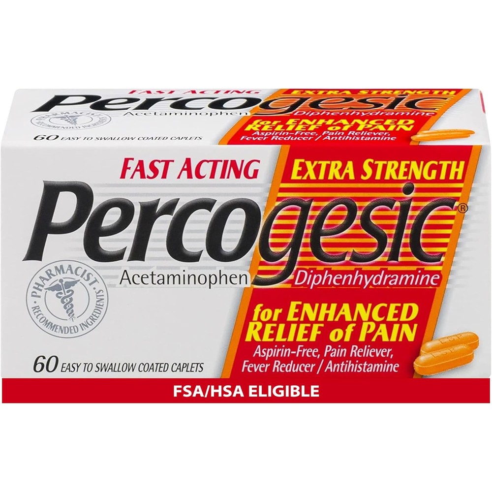 Percogesic Extra Strength Acetaminophen & Diphenhydramine Pain Relief, Fast-Acting Aspirin-Free Fever Reducer & Antihistamine, 60 Count