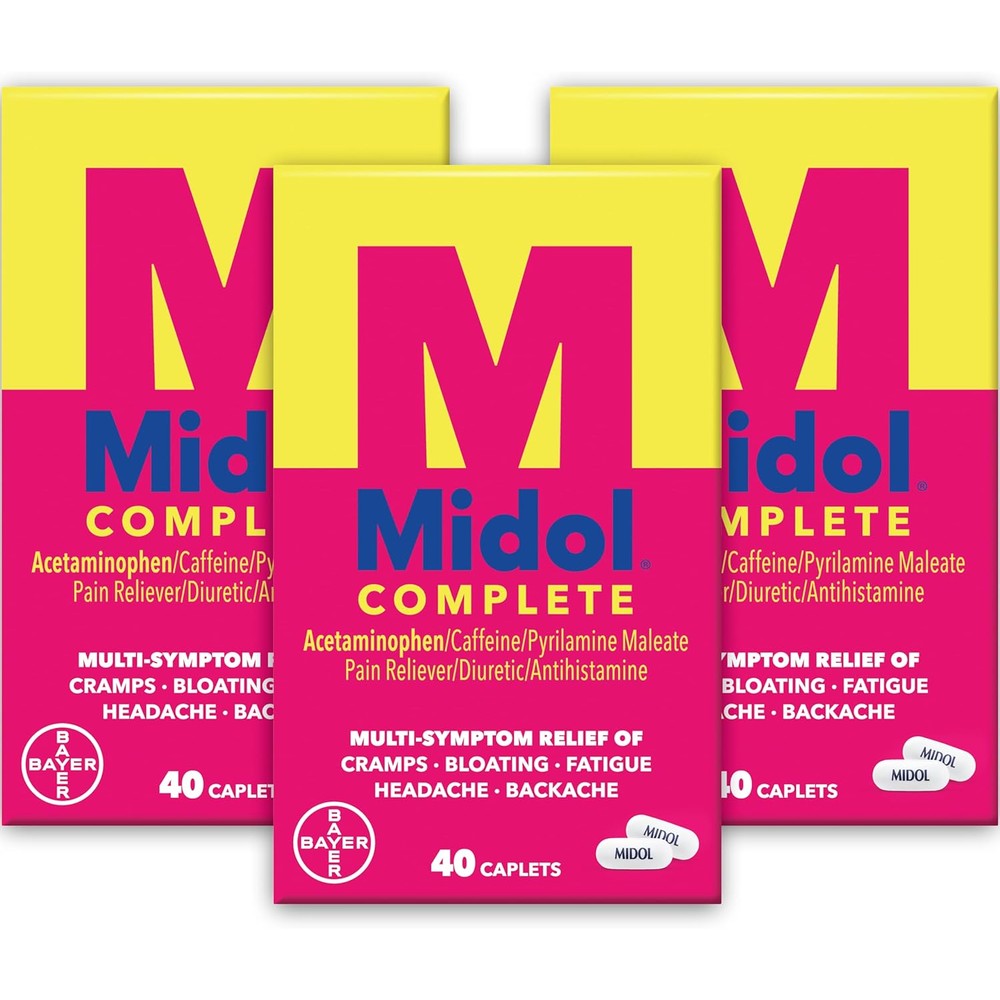 Midol Complete Menstrual Pain Relief Caplets with Acetaminophen for Period Cramps, and Menstrual Symptom Relief - 40 Count (Pack of 3) (Packaging May Vary)