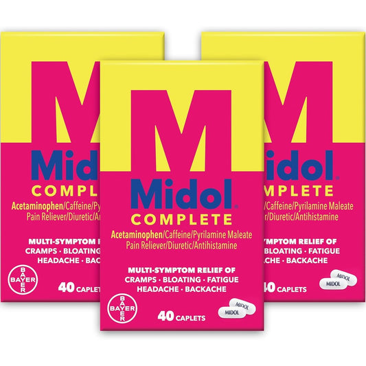 Midol Complete Menstrual Pain Relief Caplets with Acetaminophen for Period Cramps, and Menstrual Symptom Relief - 40 Count (Pack of 3) (Packaging May Vary)