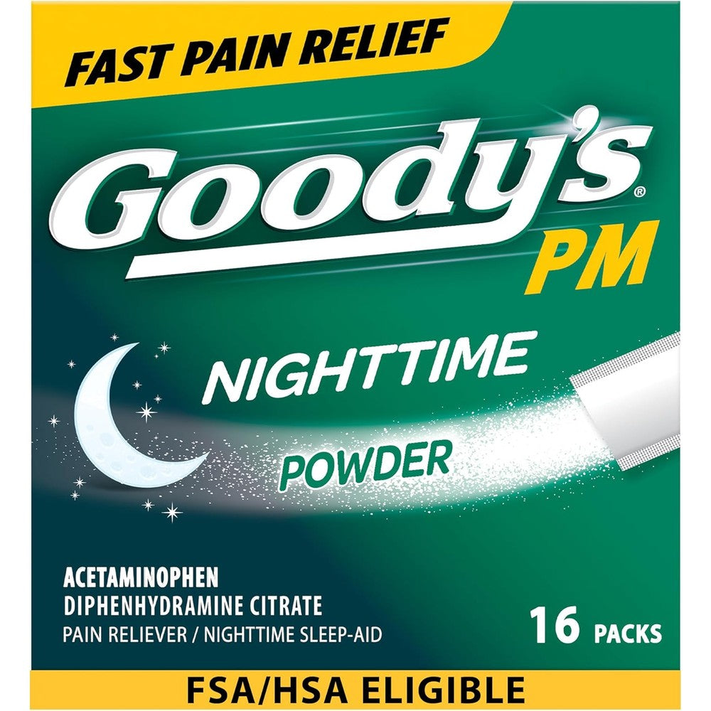 Goody's Nighttime Powder, Pain Reliever & Sleep Aid with Acetaminophen & Diphenhydramine Citrate, Caffeine Free, 16 Count